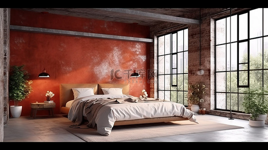 当代阁楼卧室配有光滑的混凝土地板质朴的红砖墙和清爽的白色床上用品 3D 渲染