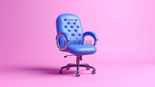 粉色背景上的老板蓝色办公椅，双色调 3D 渲染