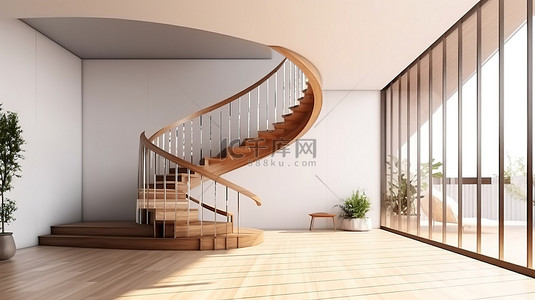 室内家居背景图片_现代风格 3d 渲染插图中带有弧形玻璃栏杆的室内场景和模型