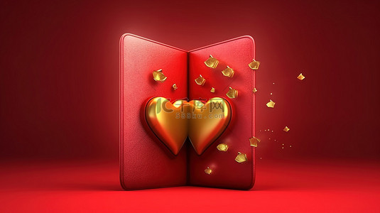 3d 渲染的红信封装饰着金色的心