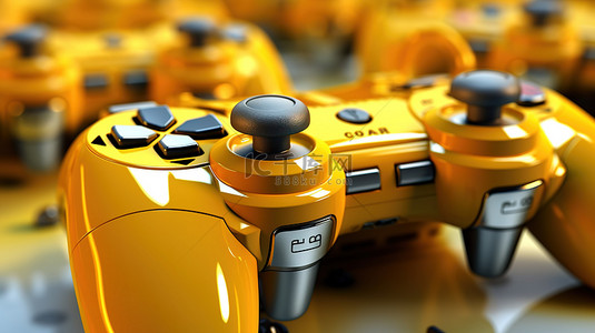 一系列 3D 操纵杆围绕着充满活力的黄色游戏手柄
