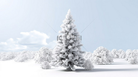 白色背景下积雪覆盖的圣诞树的 3D 渲染