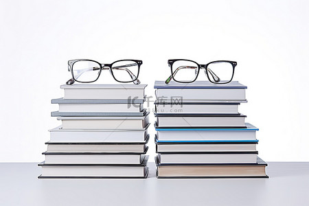 一群书，上面放着一副眼镜