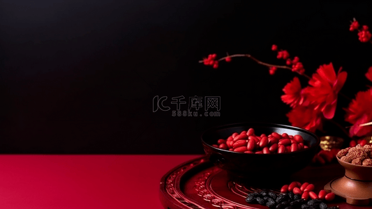 中式背景背景图片_红色花卉小吃中国风格广告背景