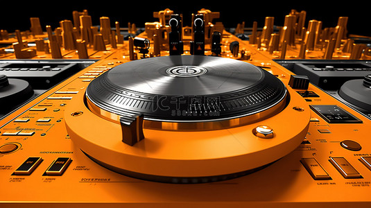 玩大转盘背景图片_充满活力的橙色工作室中单色 dj 混音器和转盘设备的 3D 渲染