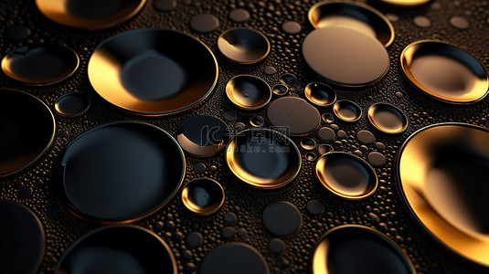 黑金纹理表面上的圆圈和浮雕的 3D 渲染背景