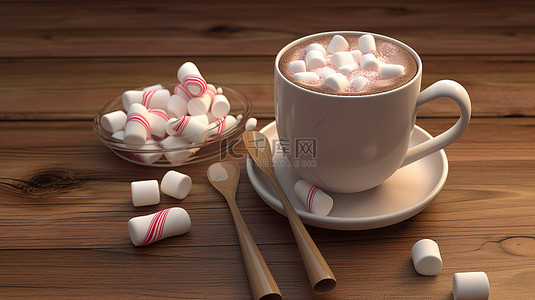 冬天温暖背景图片_温暖的热巧克力蓬松的棉花糖和心形糖果棒，在质朴的木桌上以 3D 精美呈现