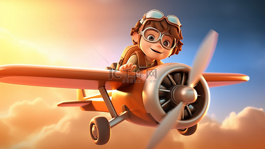 卡通小孩在飞机上飞行的 3d 渲染