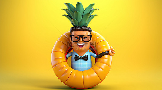 可爱时尚的背景图片_俏皮时尚的菠萝时髦吉祥物，黄色背景 3D 渲染上带有救生圈