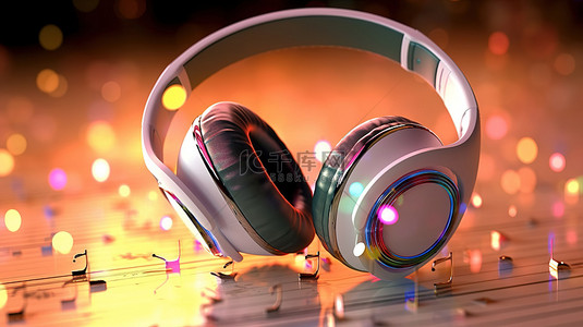 音乐灵感耳机和乐谱的 3D 渲染