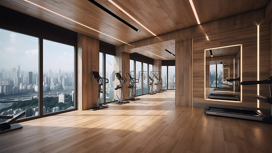 现代木材 3D 渲染中的城市景观健身房和健身中心