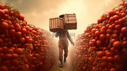 春天购物背景图片_园丁运输新鲜西红柿的 3d 渲染