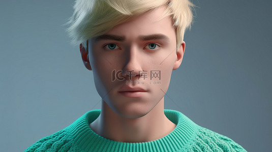 卡通可爱头像背景图片_3D 渲染男性角色的轮廓，穿着薄荷绿毛衣金发和迷人的蓝眼睛