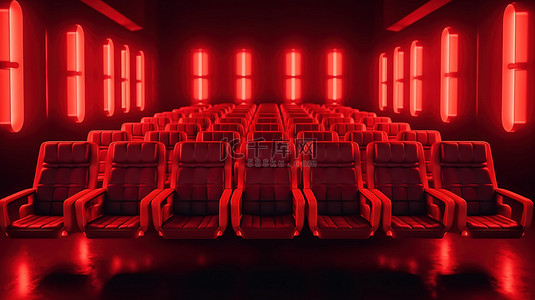 霓虹灯电影院中一排红色卡通软椅的 3D 动画美的视觉