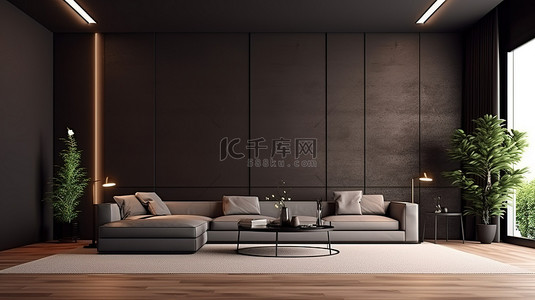 时尚的现代生活空间，配有 3D 黑棕色墙壁背景