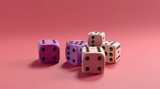 充满活力的粉红色独立背景上的 3D 游戏骰子插图集合，具有从 1 到 6 的设计