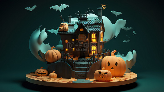 家背景图片_万圣节主题讲台 3D 渲染，以南瓜屋蝙蝠云和鬼魂为特色，用于产品展示