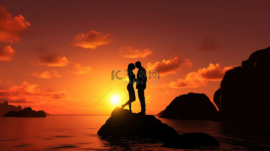 一对夫妇在海洋景观中亲吻的浪漫日落时刻 3d 剪影