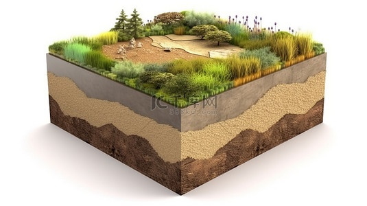 令人惊叹的 3D 景观立方草原与土壤地质横截面和生态插图隔离在白色背景