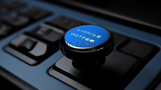 在黑色电脑键盘网络研讨会 3D 渲染期间选择性关注单指按下的蓝色按钮