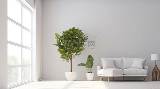 客厅的 3D 渲染，配有扶手椅和明亮的灯光照明的室内树木