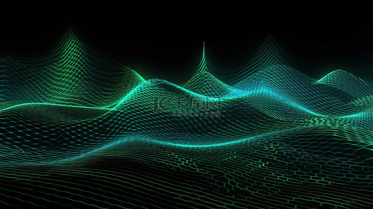 3D 抽象几何设计中的绿色立体条，类似于波浪条纹，蓝色发光线纵横交错