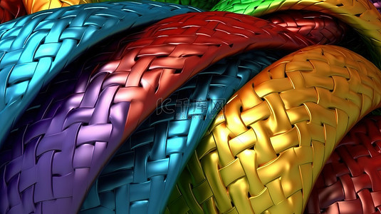 具有彩色表面的卷曲碳纤维编织的充满活力的 3D 渲染