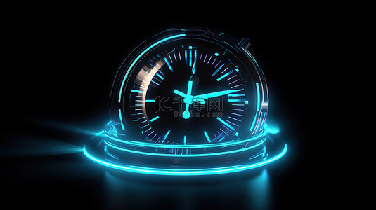3D 渲染中光滑的黑色背景上展示的发光时钟图标