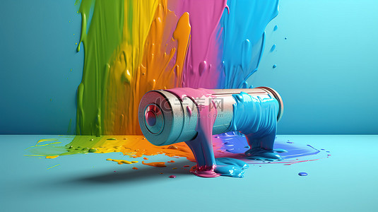 使用 3D 软件创建的蓝色背景上描绘的彩色画笔描边和油漆滚筒