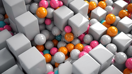 灰色背景下彩色球和白色立方体的抽象 3D 渲染