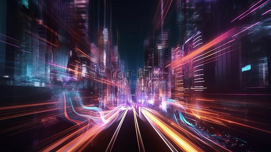 夜间超级高铁之旅 3D 渲染曲速与照明城市景观