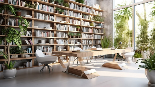 图书馆书架背景图片_时尚的图书馆，配有现代书架绿化和时尚的工作空间 3D 可视化