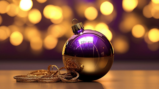3D 渲染贺卡与闪闪发光的紫色和金色圣诞球，祝新年快乐，圣诞快乐