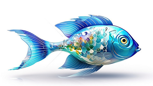 充满活力的彩色 3D 插图，以纯白色背景下的剪影鱼为特色