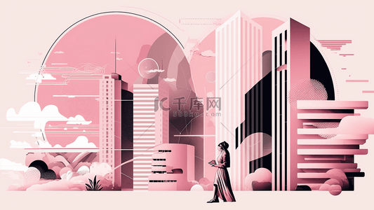 金风格背景图片_城市建筑楼房云朵扁平风格粉色系列背景