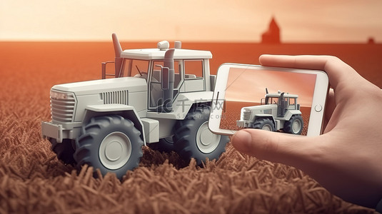 手麦田背景图片_智能农业 农民使用农业移动技术操作自主拖拉机的 3D 插图