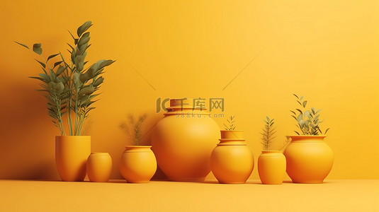 充满活力的陶瓷花瓶和花盆，在阳光明媚的黄色背景上以极简主义 3D 渲染，并有空间用于家居装饰的文本 3D 插图
