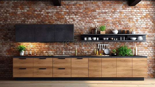 光滑的木制厨柜展示在砖墙 3D 渲染上