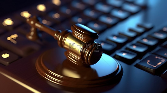 用 3D 木槌渲染网络法，法官在电脑键盘上打字