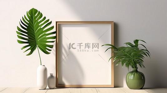 装饰绿色橱柜的 3D 插图，在白色墙壁上带有海报框架模型，用棕榈阴影投射