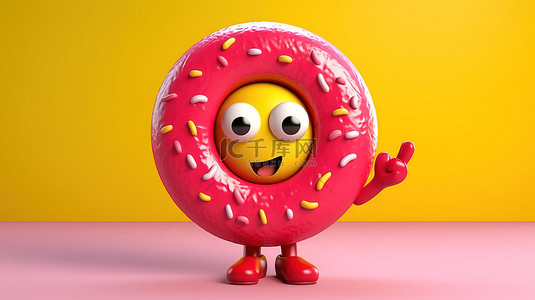 黄色背景的 3D 渲染，带有大草莓粉色釉面甜甜圈人物吉祥物和红色问号标志