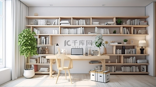 白色主题家庭办公室设计，配有书桌书架和装饰元素 3D 可视化