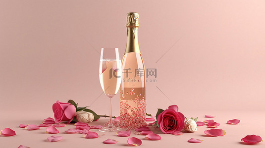 香槟瓶和装饰有玫瑰花瓣的眼镜的 3D 渲染模型海报