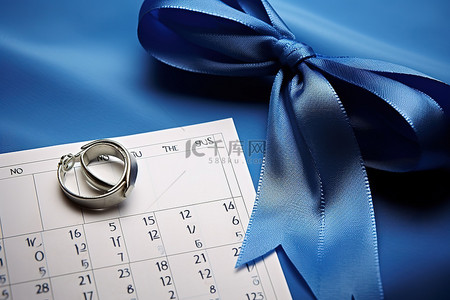 带有蓝丝带的婚礼当天日历