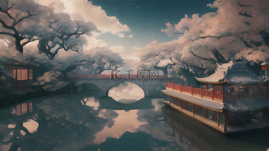 森林天空河水背景图片_小桥湖水小屋树林天空