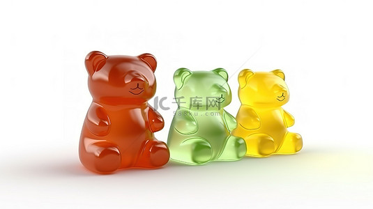 软糖熊喜悦 3D 渲染多汁的果冻熊在清晰的白色背景上