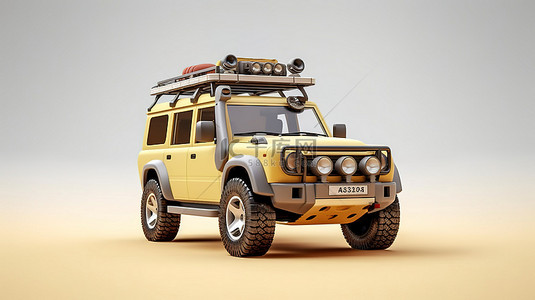 越野背景图片_升级后的米色 SUV，非常适合使用 3D 渲染创建的具有挑战性的地形和冒险