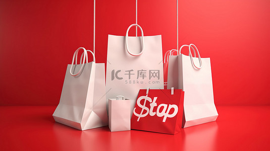 促销主题 3D 图形，带有白色促销标志购物袋和促销标签，悬挂在充满活力的红色背景下