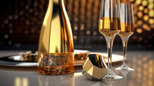 作文背景图片_匹配金色香槟瓶和眼镜的豪华 3D 渲染