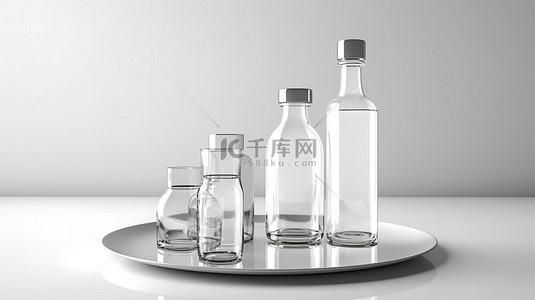 库存充足的药物站，配有一杯水和一个空白的白色塑料药瓶 3D 视觉表示